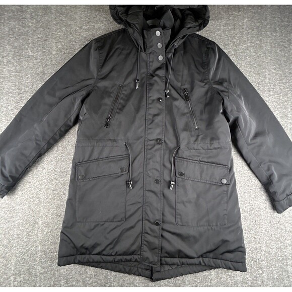 ZARA WOMAN Faux Fur Lined Parka Women’s Sz Medium Black Hooded Full Zip Pockets - Picture 2 of 11